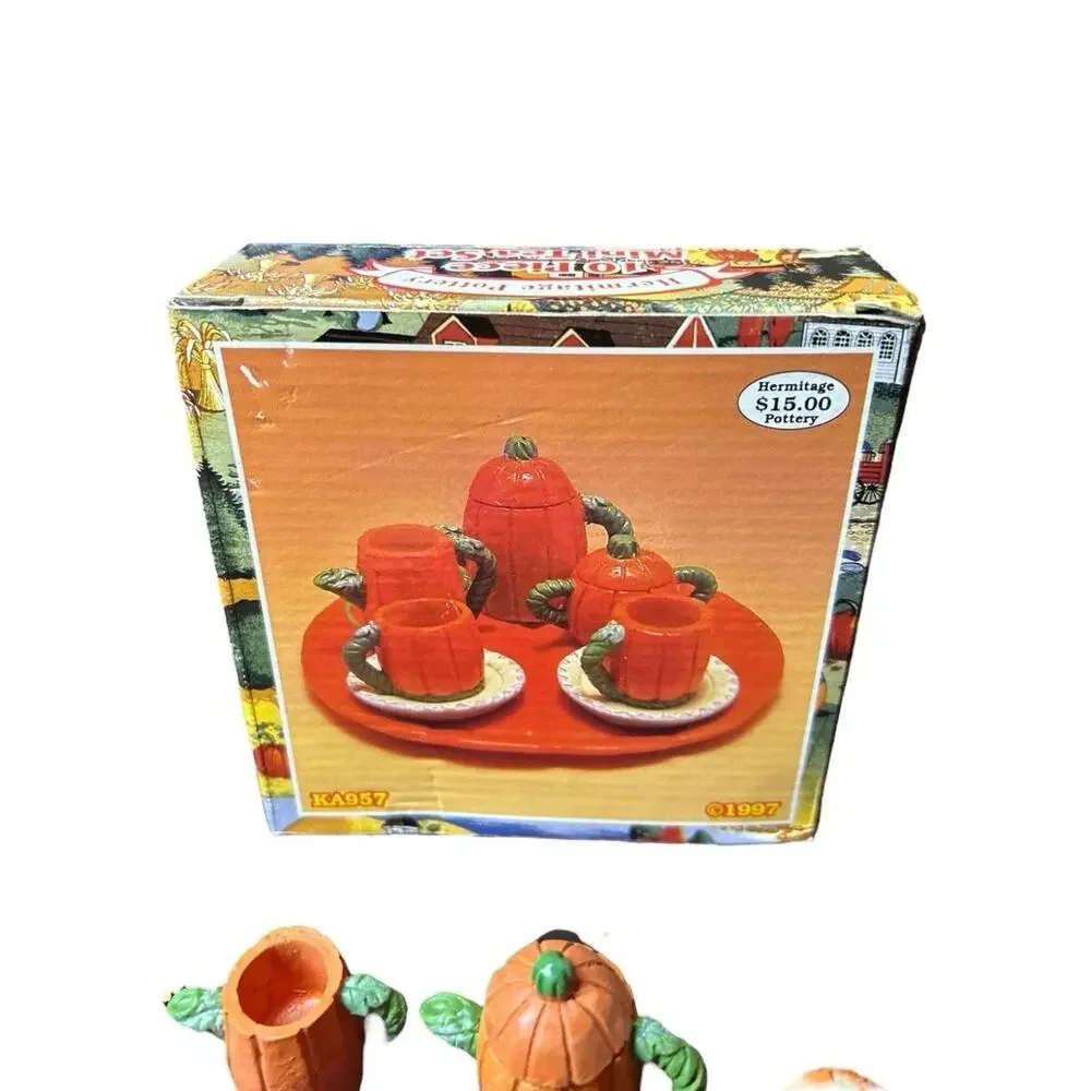 Vintage 90s Hermitage Pottery 10 Piece Mini Tea Set Pumpkin Halloween
